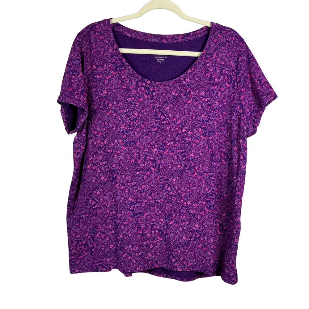 J. Jill Everyday Cotton Tee Purple Pink Paisley Floral Scoop Neck Top Large
